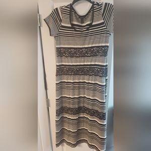Horizontal Striped Black&Cream Dress adorned w/black mesh florals. Size L.